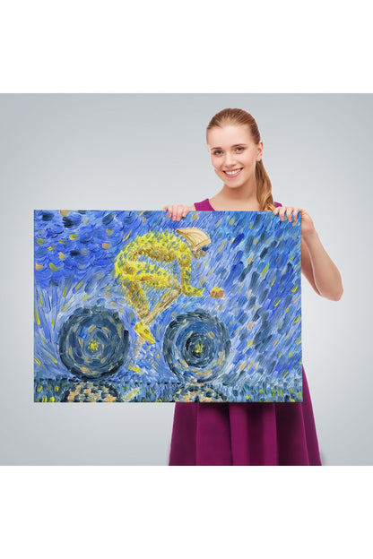 Yağmurda Süren Bisikletçi Yağlıboya Görünüm Dekoratif Kanvas Duvar Tablosu-3609