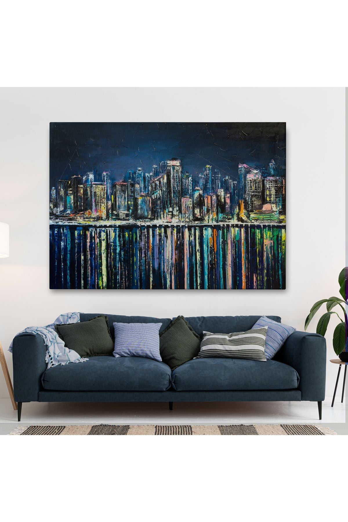 Kıyı Şehrin de Gece Yağlıboya Görünüm Dekoratif Kanvas Duvar Tablosu-3526