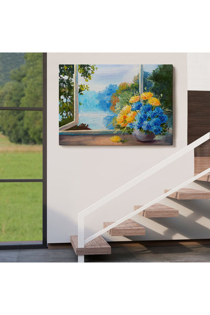 YB Pencere Kenarıdaki Çiçek Buketi Kanvas Duvar Tablosu-3453
