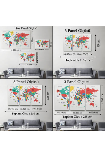 Türkçe Dünya Haritası Dekoratif Kanvas Tablo Ülke-Başkentli Öğretici ve Sembollü 2314