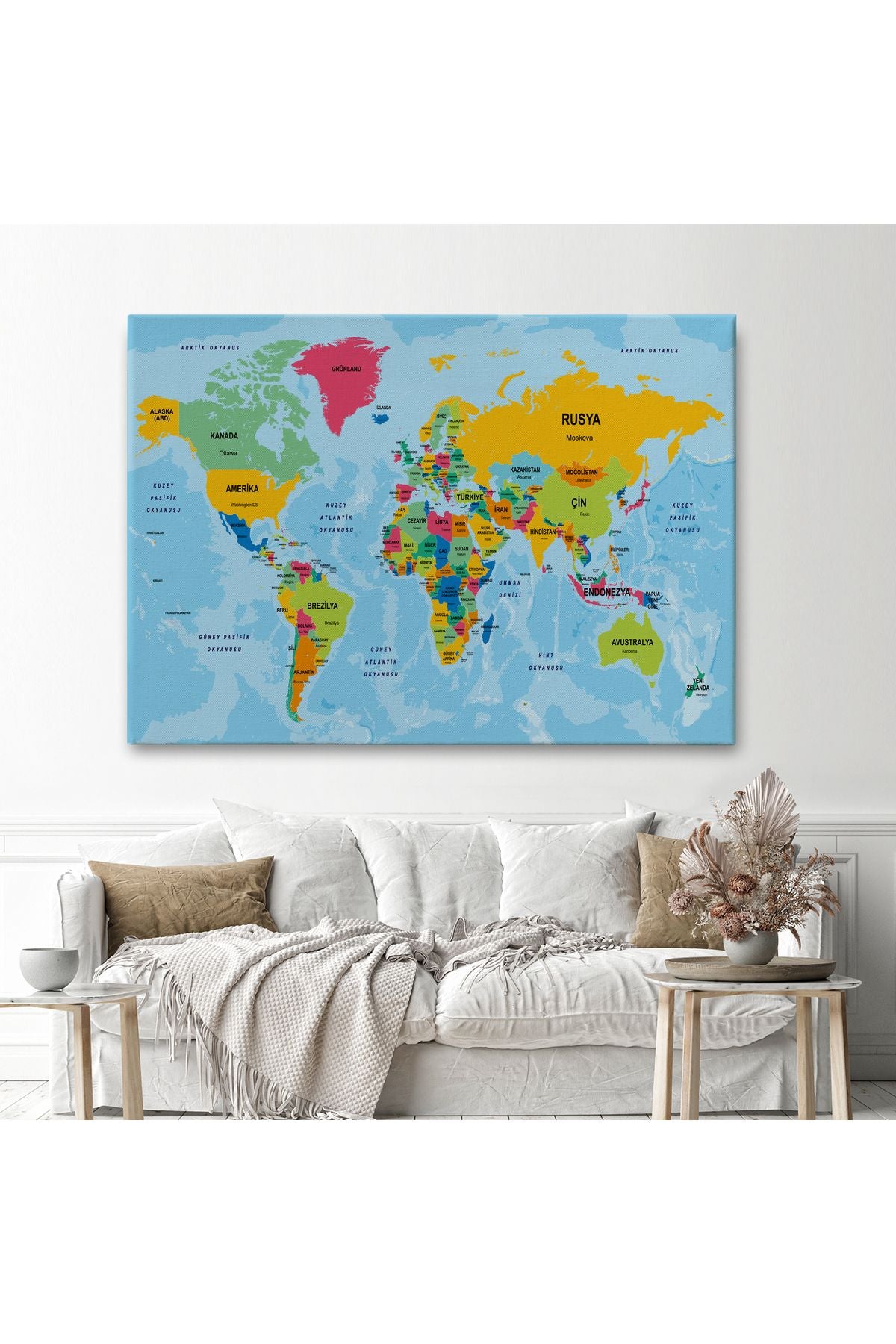 Türkçe Dünya Haritası Ülke Başkentli ve Okyanuslu Dekoratif Kanvas Tablo 2242