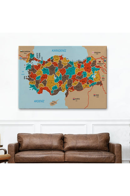 Türkiye Haritası Kanvas Tablo İl ve İlçeli Ayrıntılı Eğitici Komşulu Tablo 3010