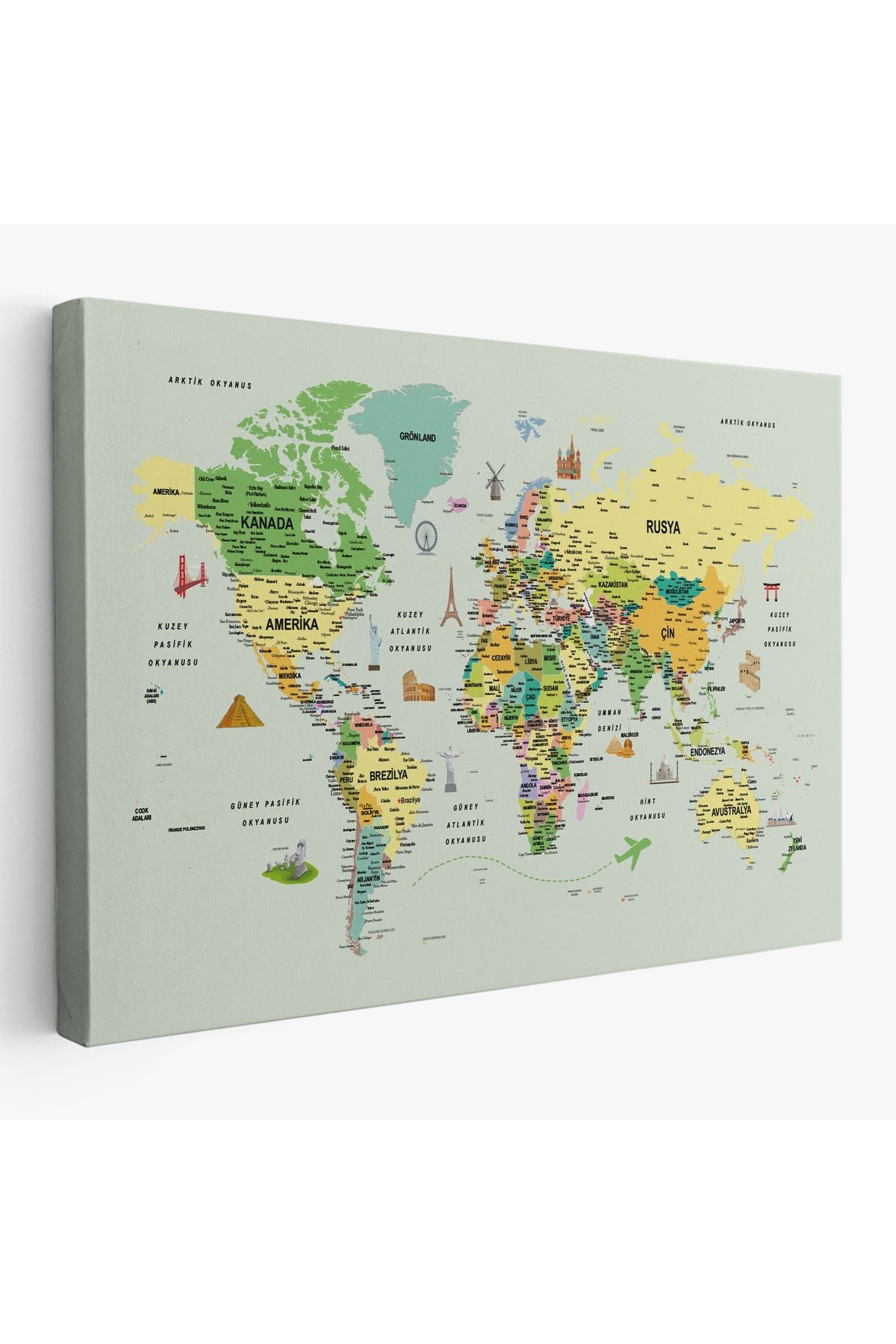 arg001 seri Türkçe Dünya Haritası Çok Detaylı Ünlü Yerler Sembollü Kanvas Tablo 1741