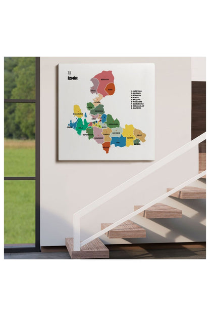 Kanvas, Duvar Tablosu, Dekoratif, İl ve İlçeler Haritası İzmir, Modern 1368 EGKNV