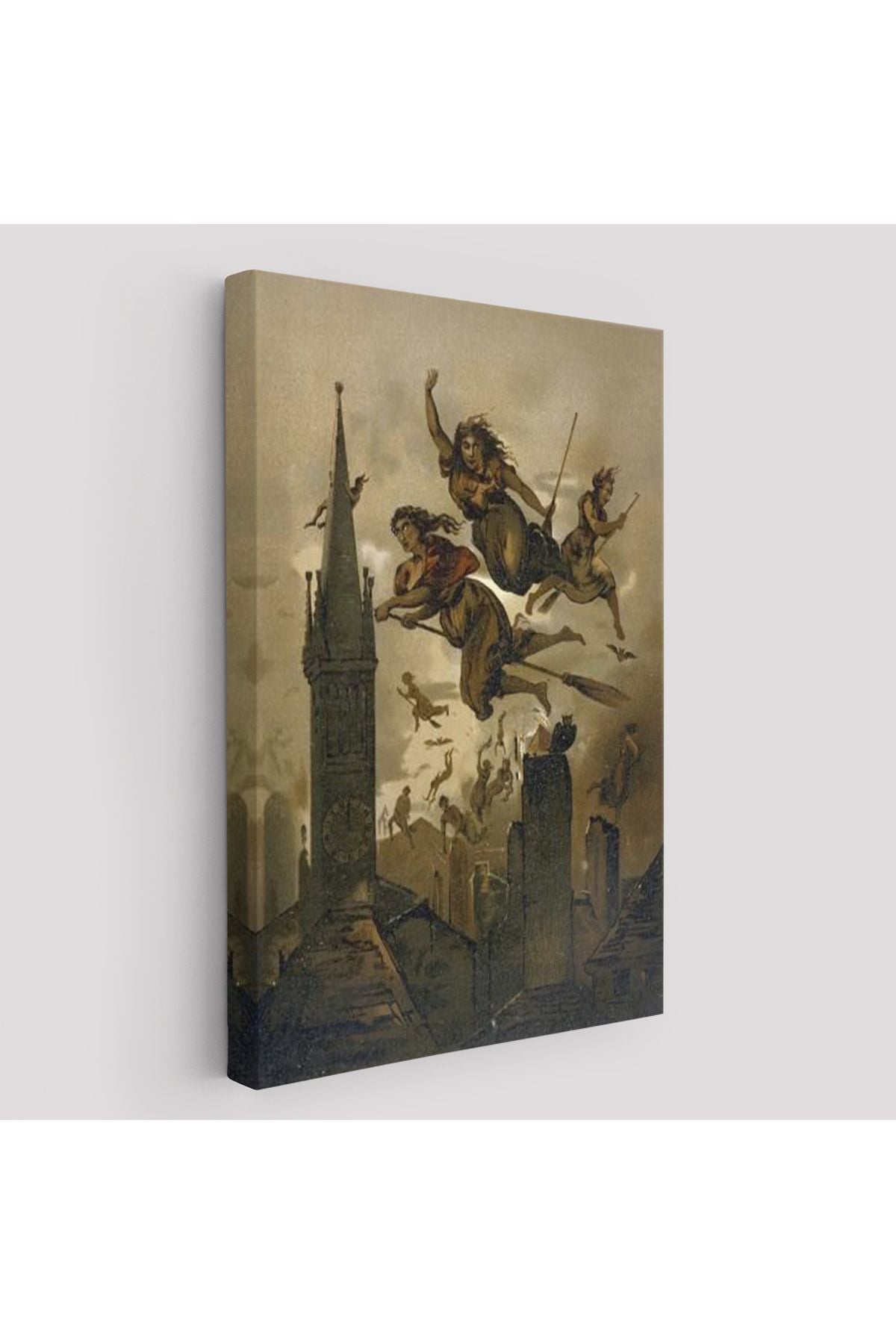 Süpürgelerindeki Cadılar Evlerinin Çatılarının Üzerinden Uçuyor Duvar Tablosu-6118