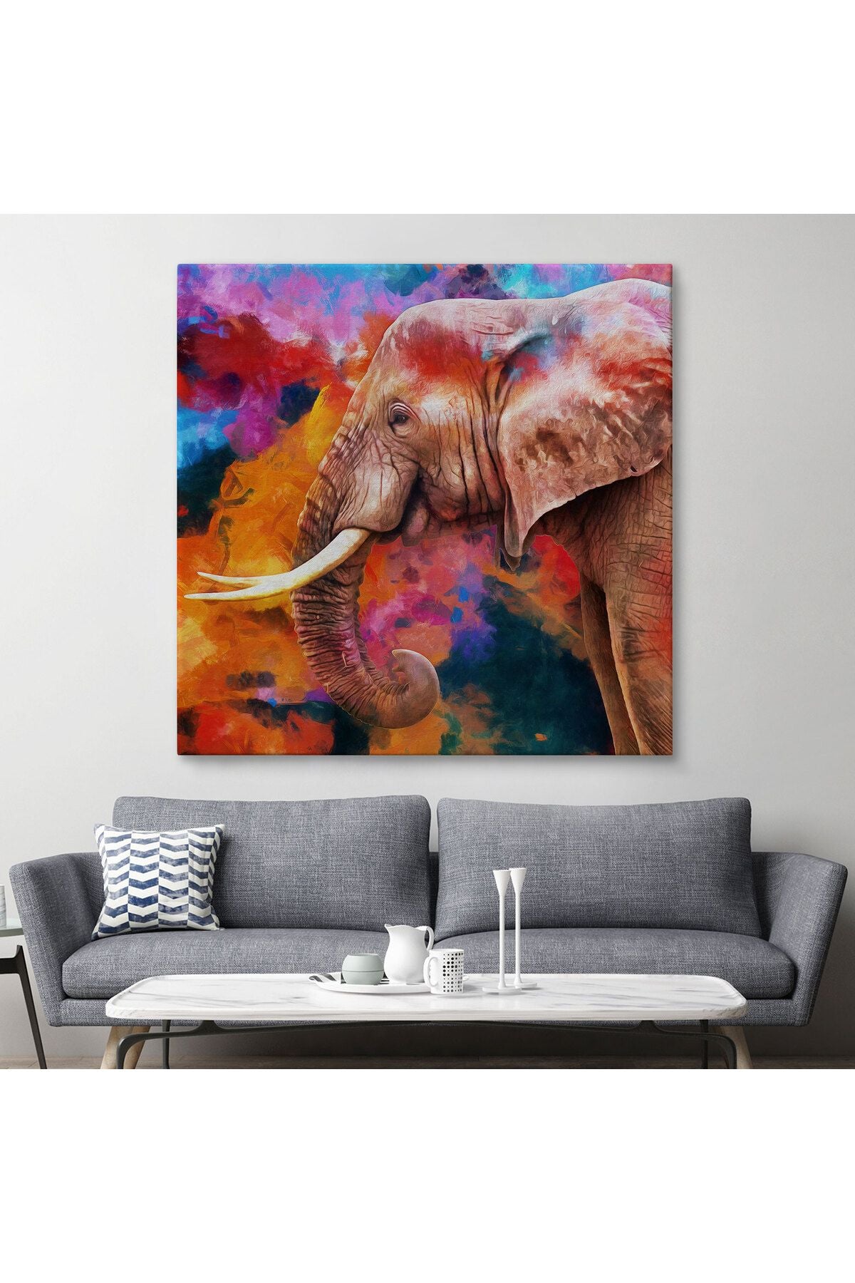 Renkli Fil Yağlıboya Görünüm Dekoratif Kanvas Duvar Tablosu-5842