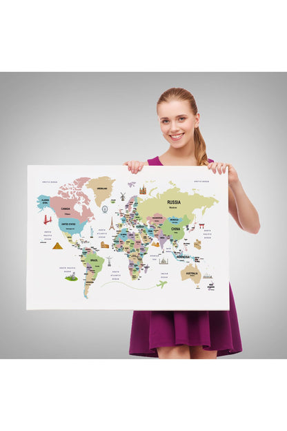 Dünya Haritası Dekoratif Kanvas Tablo Ülke ve Başkentli Öğretici ve Sembollü 2307