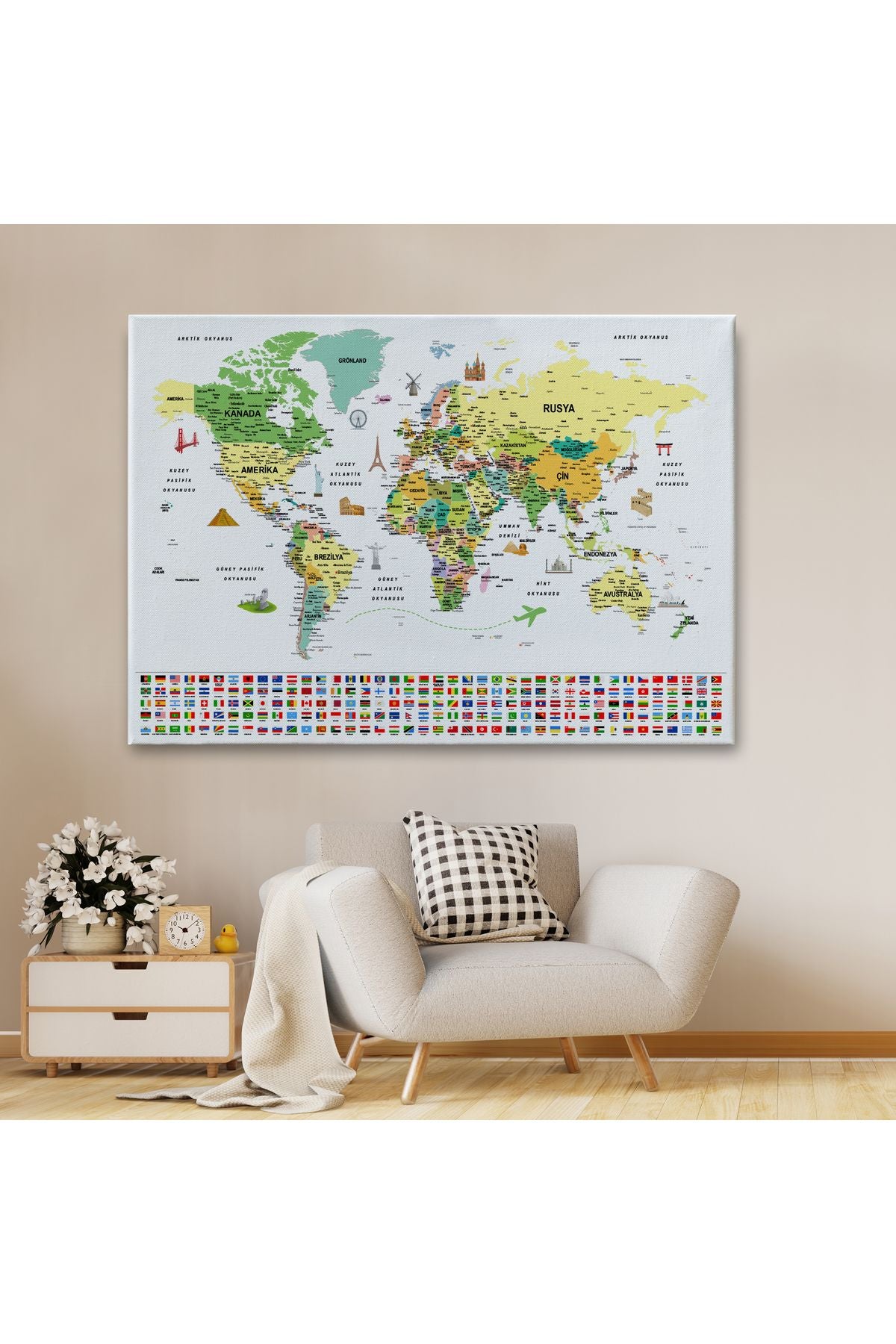 arg001 seri Türkçe Dünya Haritası Ayrıntılı Eğitici  Sembollü Bayraklı Dekoratif Kanvas Tablo 2848