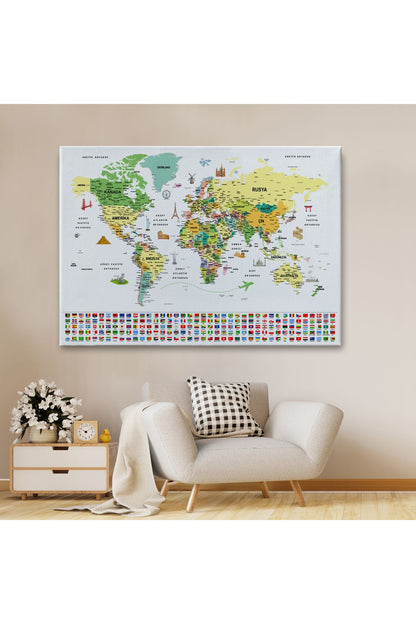 arg001 seri Türkçe Dünya Haritası Ayrıntılı Eğitici  Sembollü Bayraklı Dekoratif Kanvas Tablo 2848
