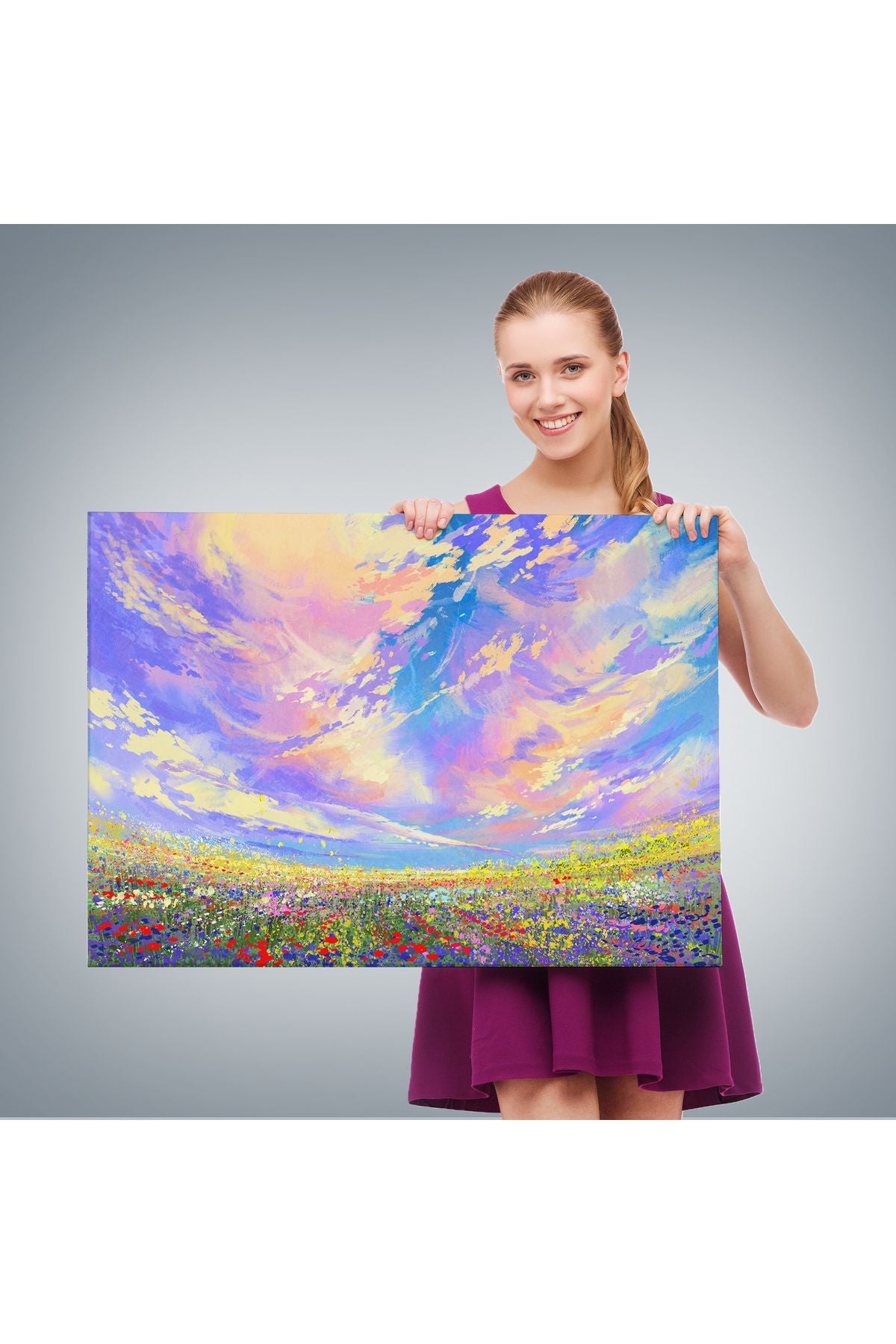 knspt seri001 Renkli Bulutlar Yağlıboya Görünüm Dekoratif Kanvas Duvar Tablosu-3474