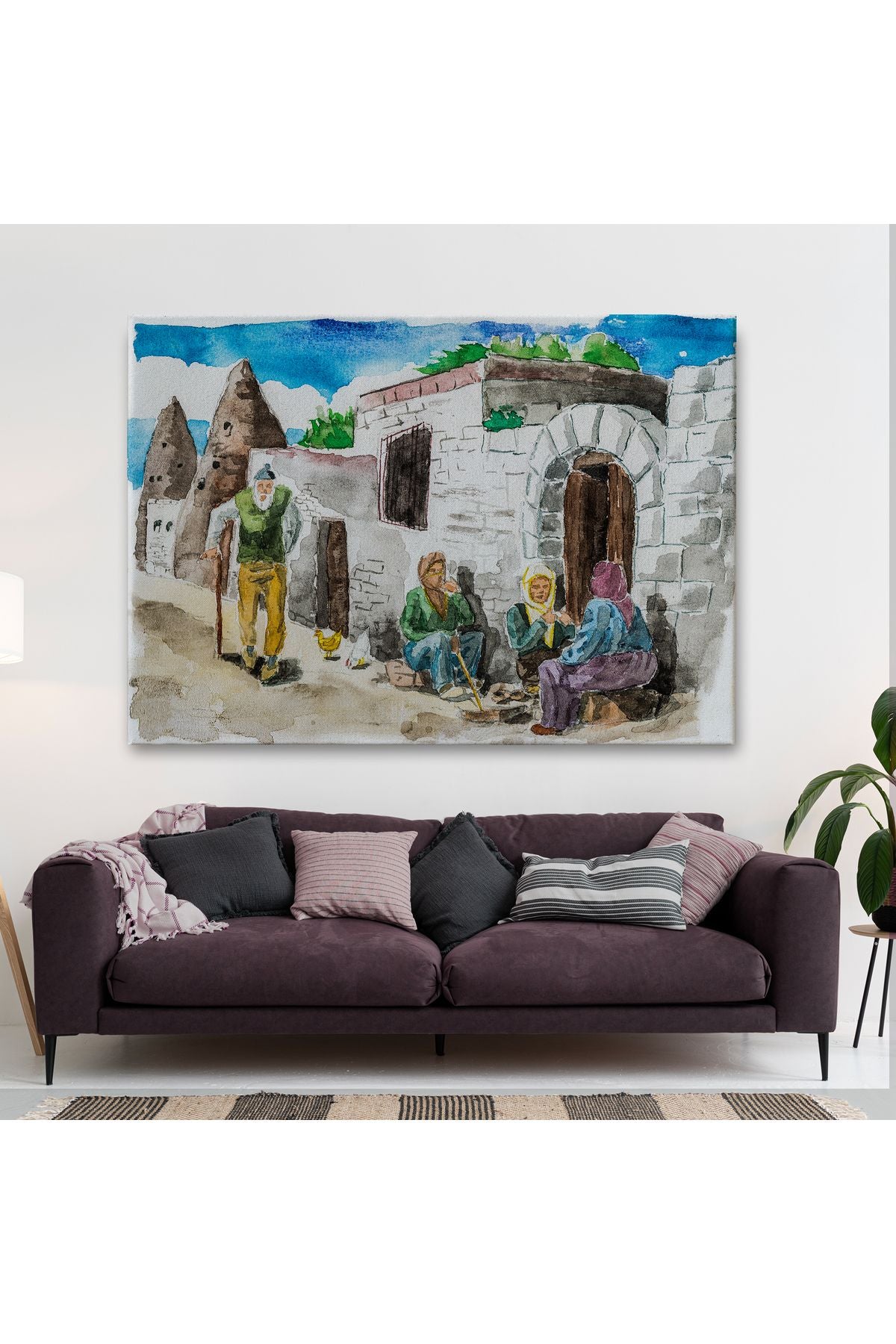 SZ KVS1-Kanvas Tablo-Kapadokya Göremedeki Köy Hayatı Yaşam Suluboya Görünüm  3756