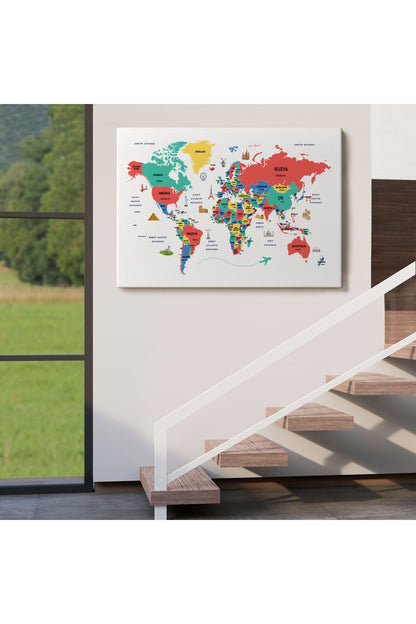 Türkçe Dünya Haritası Dekoratif Kanvas Tablo Ülke-Başkentli Öğretici ve Sembollü 2314
