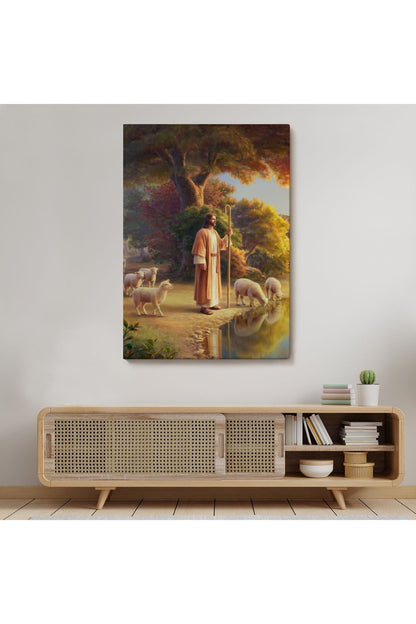 Dekoratif Kanvas Tablo-Hristiyan Duvar Sanatı, Kuzular ve Göl Kenarında İsa Mesih 5272
