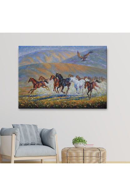 At Sürüsü ve Kartal Yağlıboya Görünüm Dekoratif Kanvas Duvar Tablosu-3600