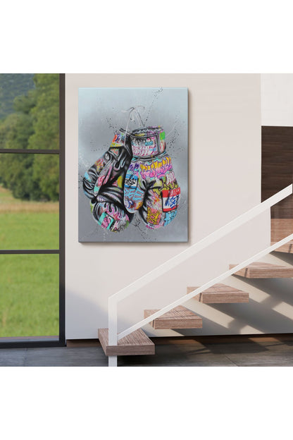 HG Boks Eldivenleri Kanvas Tablo, Renkli Banksy Sokak Graffiti Kanvas Tablo-5320
