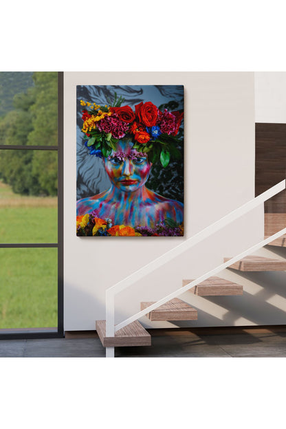Renkli Çiçek Taçlı Kız Kanvas Tablo-5989