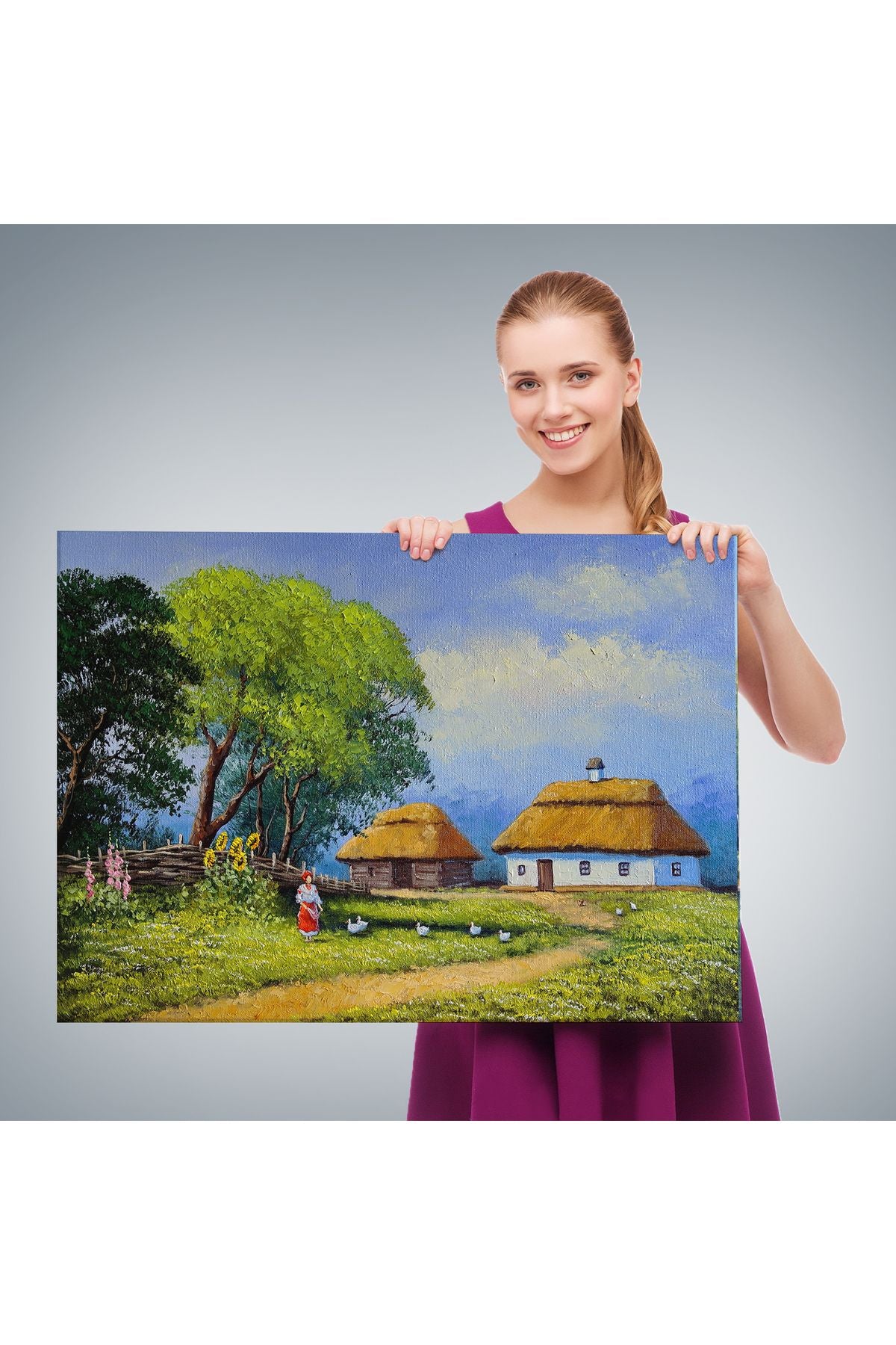 Ukrayna Köy Evi Manzarası Yağlıboya Görünüm Dekoratif Kanvas Duvar Tablosu-3664