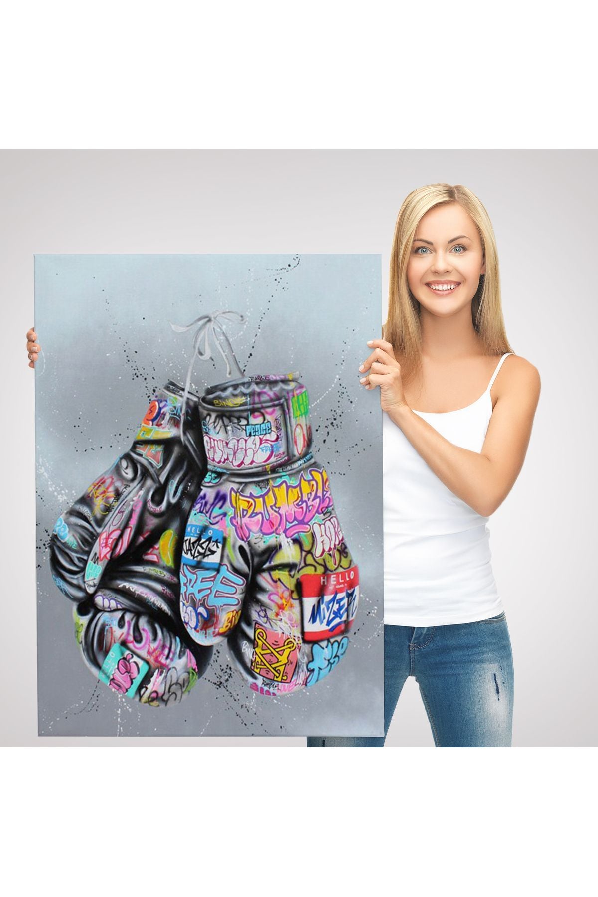HG Boks Eldivenleri Kanvas Tablo, Renkli Banksy Sokak Graffiti Kanvas Tablo-5320