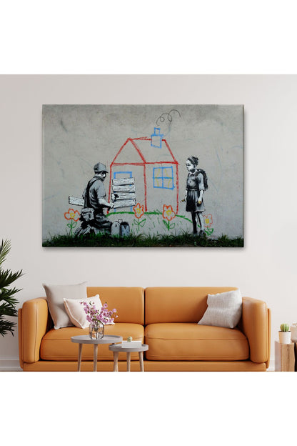 Bansky Çocuğun Çizdiği Evin Kapısını Kapatan Adam Kanvas Tablo-5019