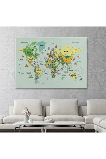 arg001 seri Türkçe Dünya Haritası Çok Detaylı Ünlü Yerler Sembollü Kanvas Tablo 1741