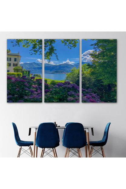 Mor Çiçekler Arasındaki Göl Manzaralı Ev Duvar Tablosu-3673