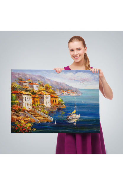 Yunanistan Harbor View Manzaralı Yağlıboya Görünüm Dekoratif Kanvas Duvar Tablosu-3532