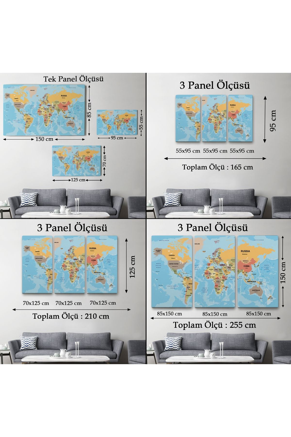Türkçe Dünya Haritası Ülke Başkentli ve Okyanuslu Dekoratif Kanvas Tablo 2228
