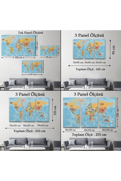 Türkçe Dünya Haritası Ülke Başkentli ve Okyanuslu Dekoratif Kanvas Tablo 2228