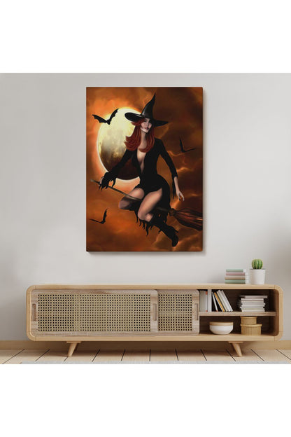 Süpürge İle Uçan Cadı, Cadılar Bayramı Helloven Duvar Tablosu -6086