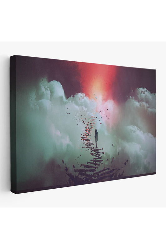 Gökyüzüne Giden Kırık Merdivenlerde Duran Genç Kadın Kanvas Tablosu-5029