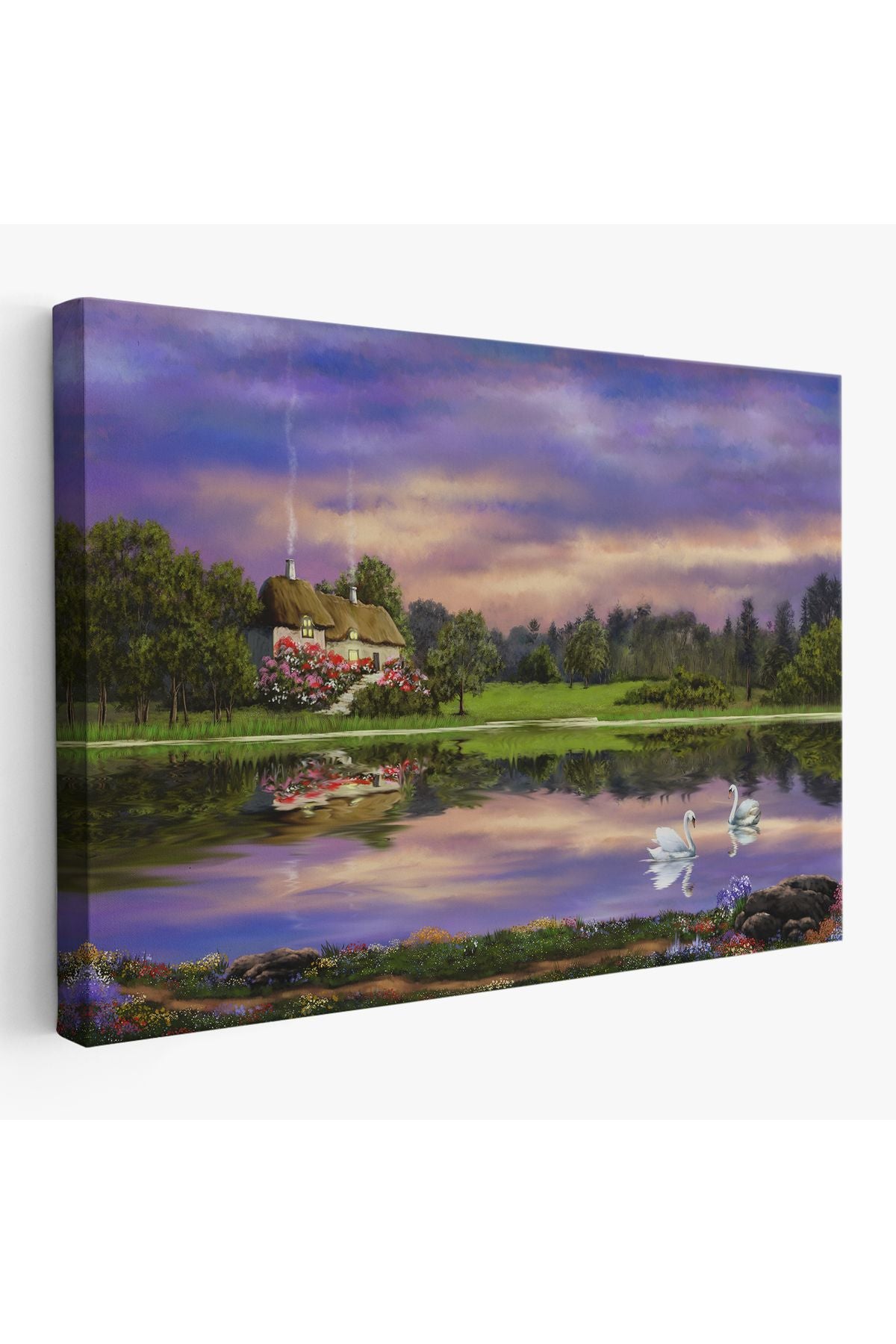 Göl Kıyısındaki Orman Evi Manzarası Yağlıboya Görünüm Dekoratif Kanvas Duvar Tablosu-3678