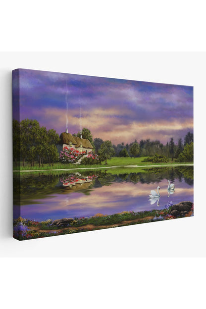 Göl Kıyısındaki Orman Evi Manzarası Yağlıboya Görünüm Dekoratif Kanvas Duvar Tablosu-3678
