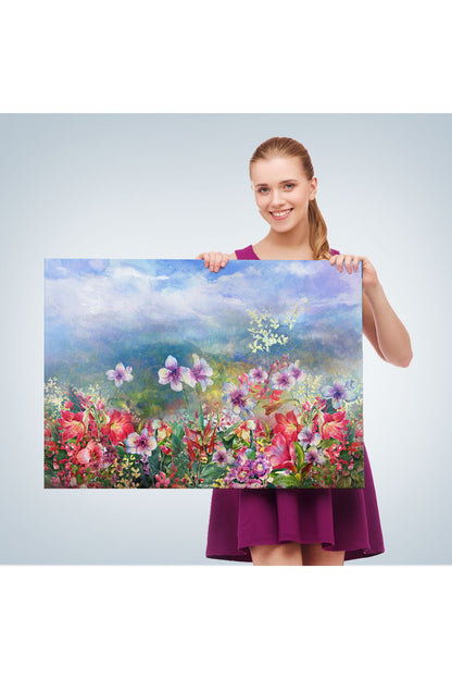 Renkli Çiçekler Suluboya Görünüm Dekoratif Kanvas Duvar Tablosu-3475