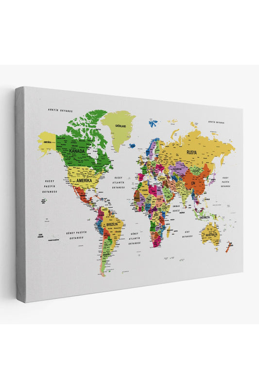 Türkçe Dünya Haritası Dekoratif Kanvas Tablo Son Derece Detaylı 1614