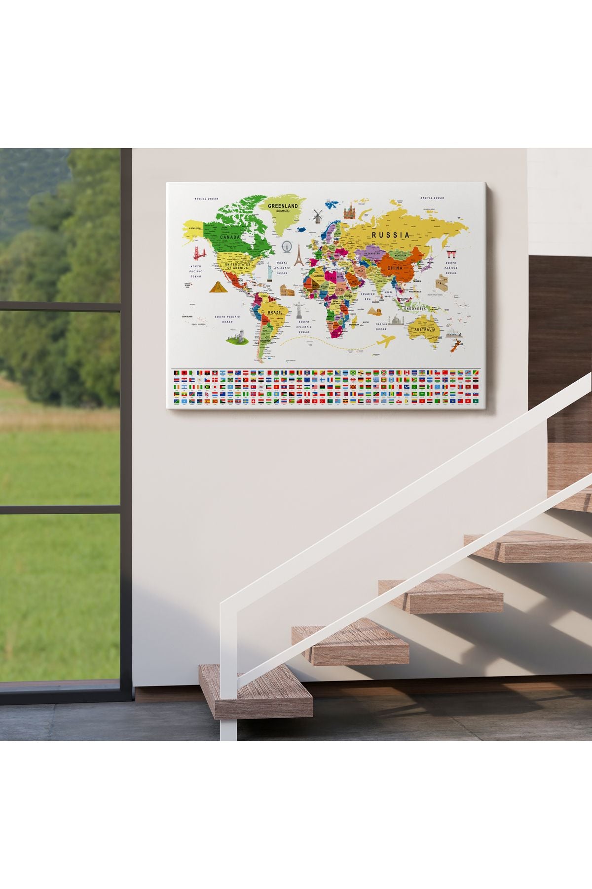 Dünya Haritası Ayrıntılı Eğitici Sembollü Bayraklı Dekoratif Kanvas Tablo 2839