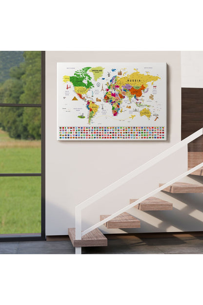 Dünya Haritası Ayrıntılı Eğitici Sembollü Bayraklı Dekoratif Kanvas Tablo 2839