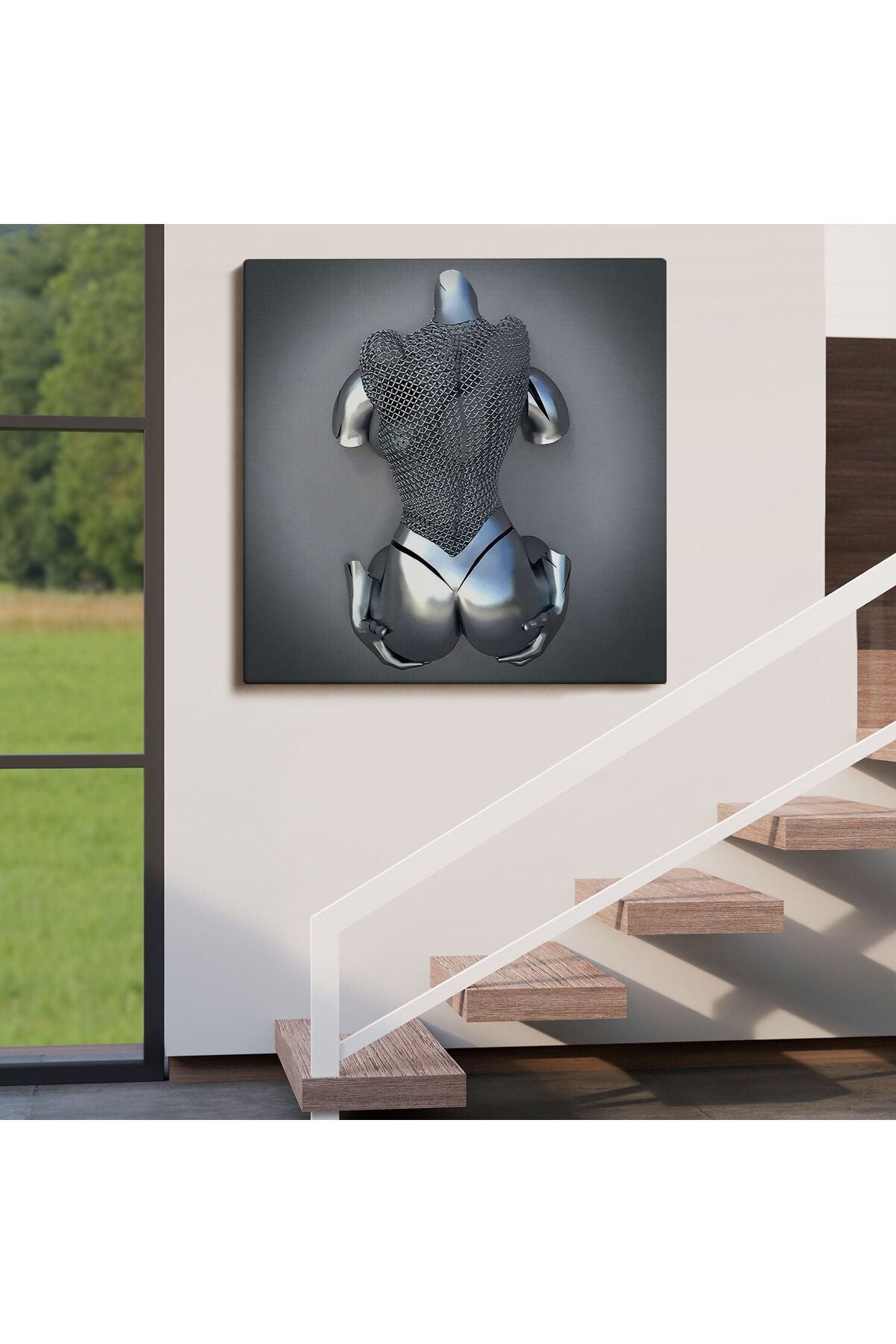 Gri Ve Gümüş Duvar Dekoru, Metalik Efektli Kanvas Tablo, Romantik Beden-5348