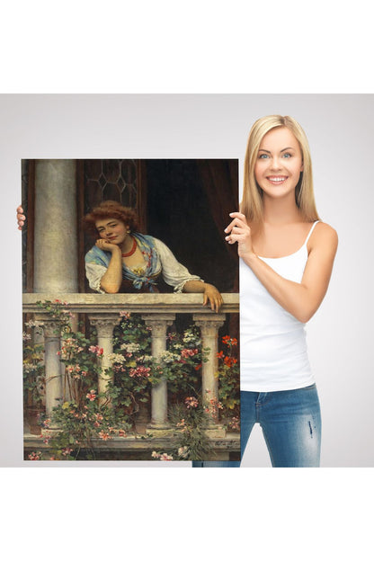 Çiçekli Balkonda Sevgilisini Bekleyen Güzel Kadın Tablosu-6205