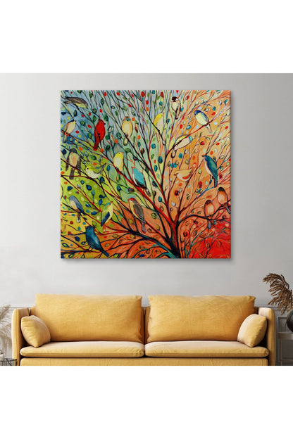 Renkli Ağaçtaki Renkli Kuşlar Kanvas Tablo-5887