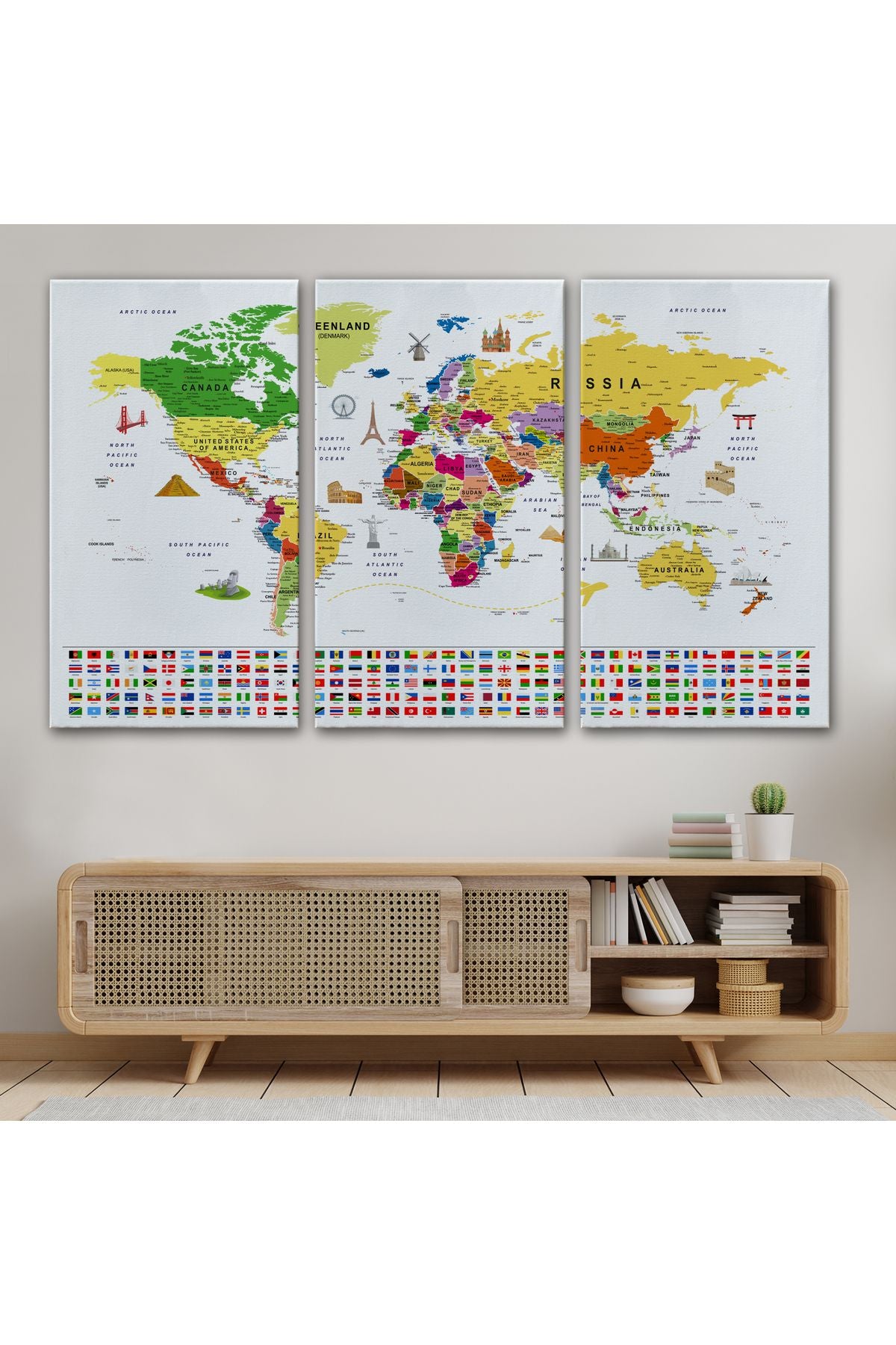 Dünya Haritası Ayrıntılı Eğitici Sembollü Bayraklı Dekoratif Kanvas Tablo 2839