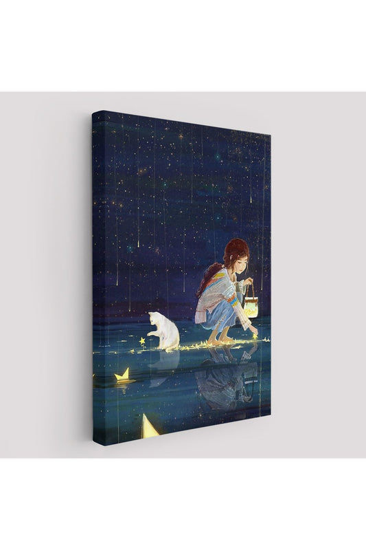 Lsm Seri001 Yıldız Toplayan Kız ve Kedi Dekoratif Duvar Tablosu-6129