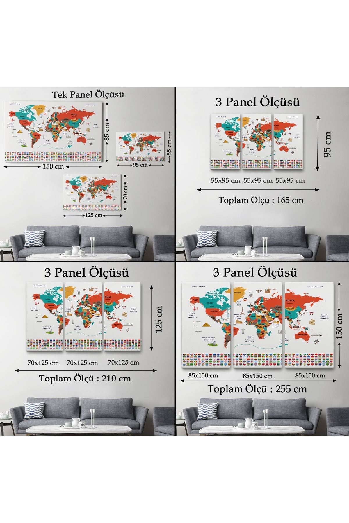 YB HG Türkçe Dünya Haritası Ülke Bayrak ve Başkentli Kanvas Tablo 1922