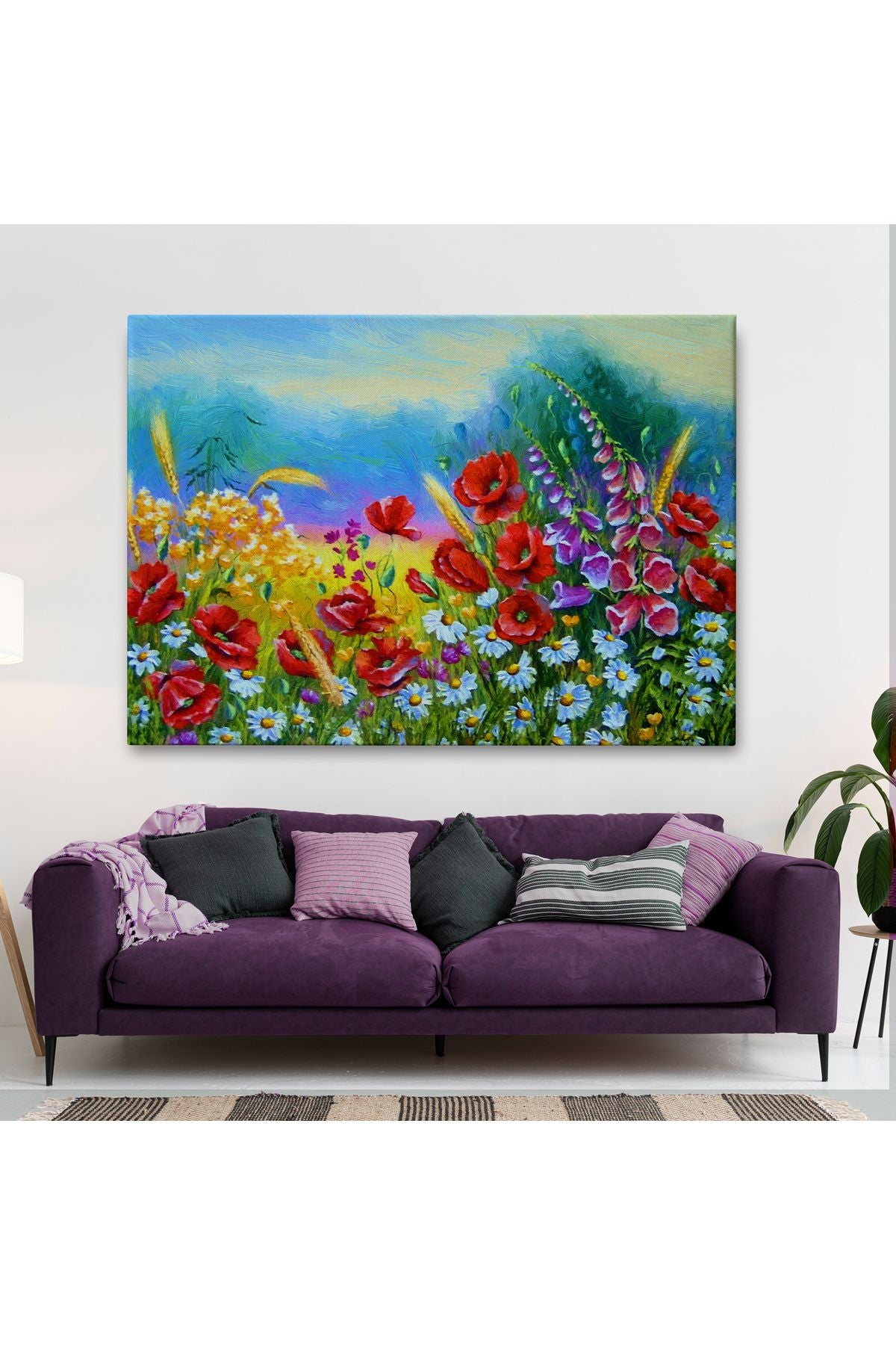 Renkli Çiçekler Yağlıboya Görünüm Dekoratif Kanvas Duvar Tablosu-3749