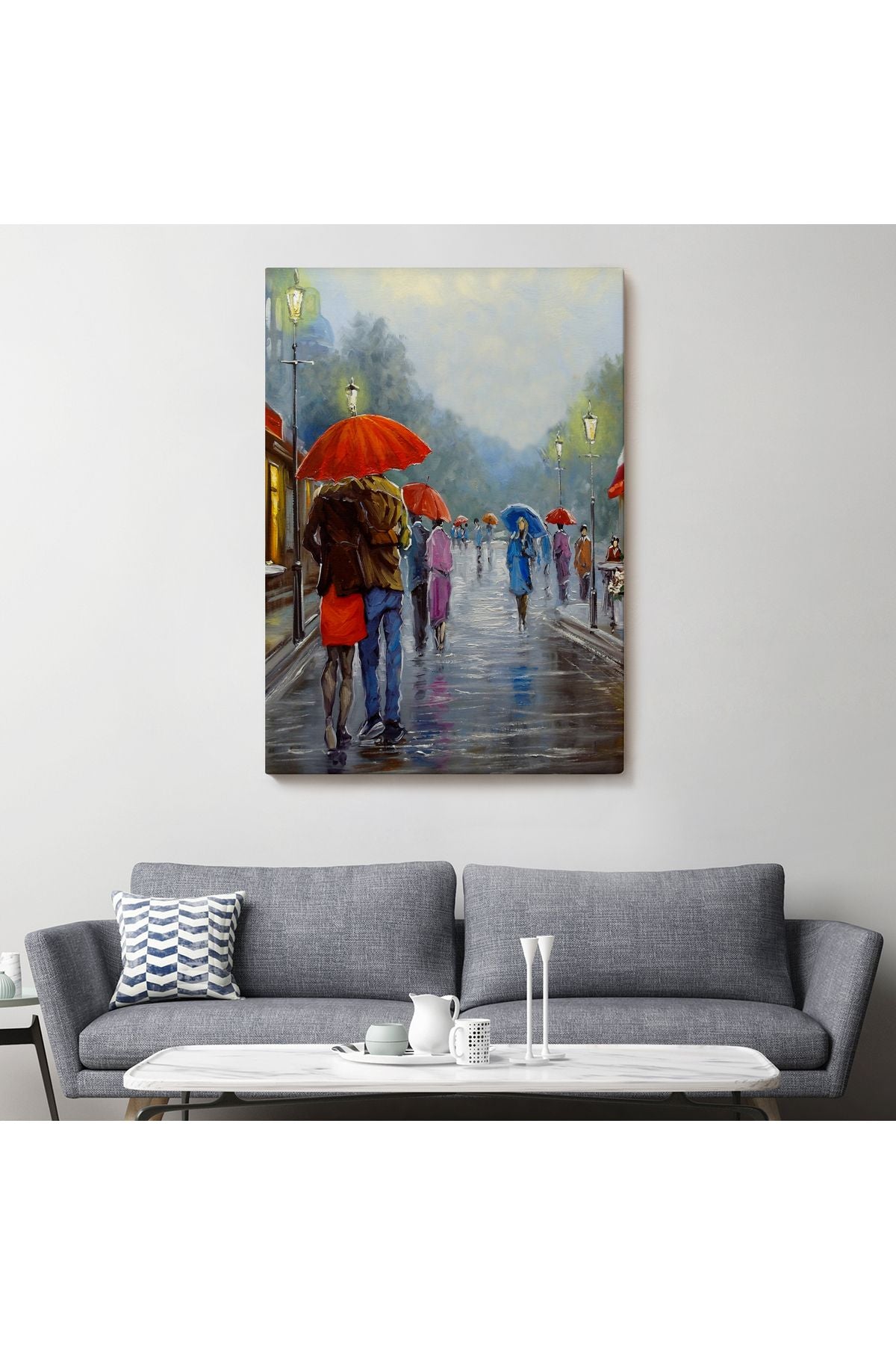 Yağmurda Yürüyen Romantik Çift Yağlıboya Görünüm Dekoratif Kanvas Duvar Tablosu-5943