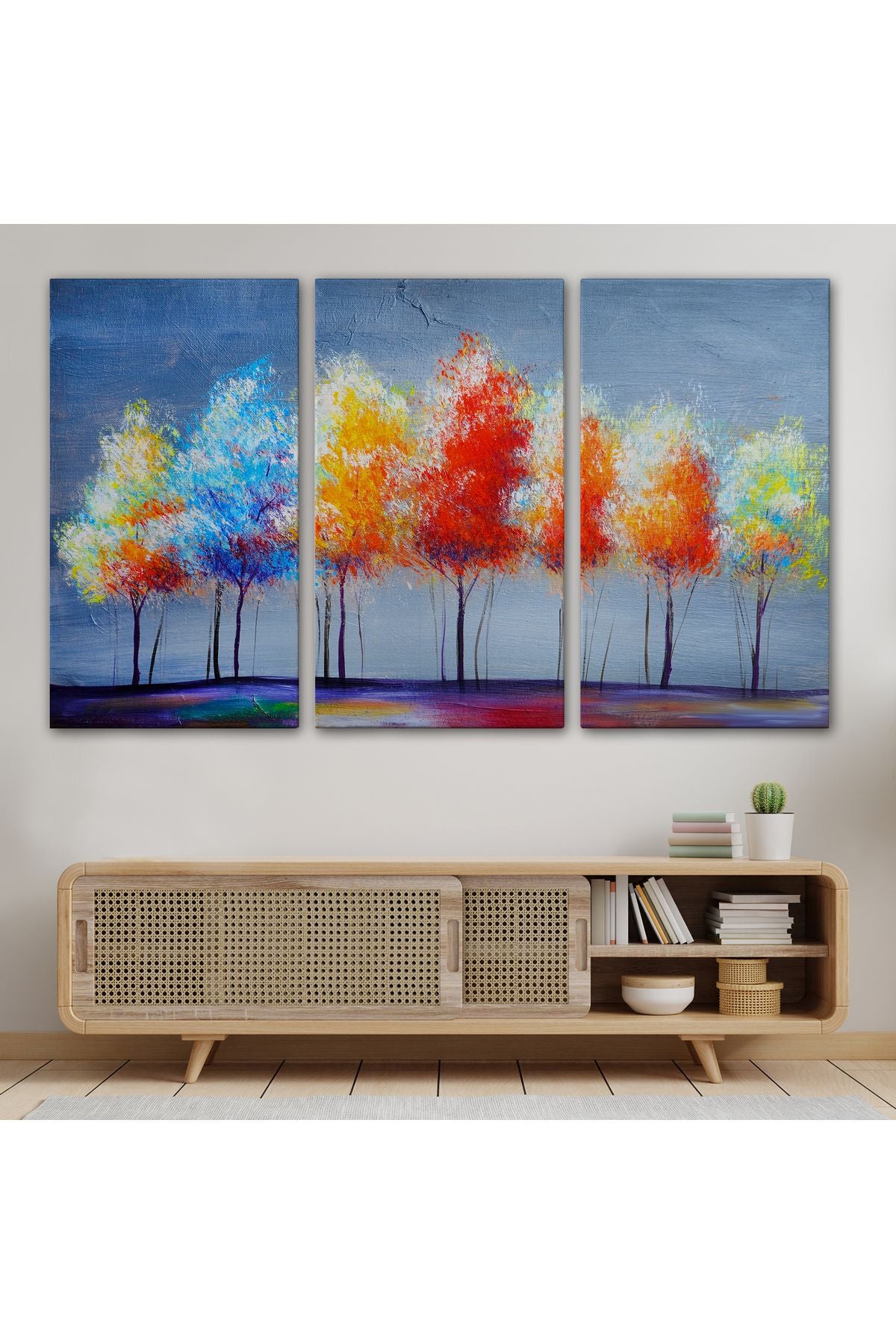 Renkli Ağaçlar Yağlıboya Görünüm Dekoratif Kanvas Duvar Tablosu-3656