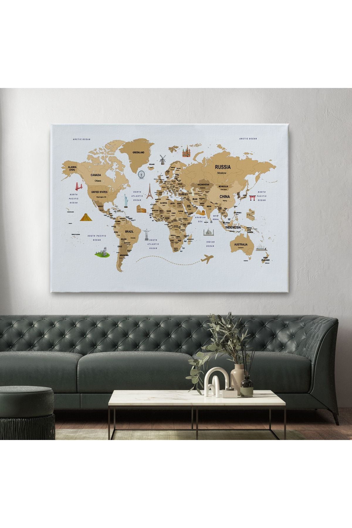 Dünya Haritası Dekoratif Kanvas Tablo Ülke ve Başkentli Öğretici ve Sembollü 2323