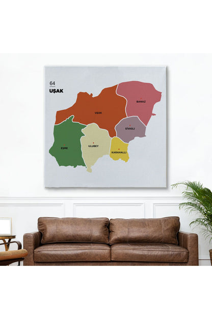 Uşak İli ve İlçeler Haritası Dekoratif Kanvas Tablo 1476