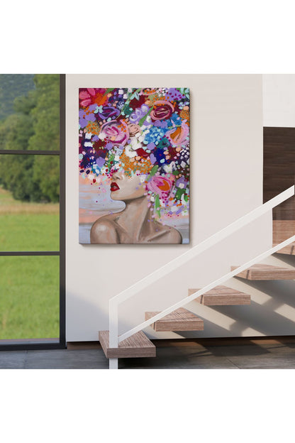 Çiçek Saçlı Kadın Yağlıboya Görünüm Dekoratif Kanvas Duvar Tablosu -6413
