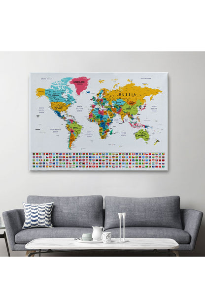 Dünya Haritası Son Derece Ayrıntılı Eğitici ve Bayraklı Dekoratif Kanvas Tablo 2796