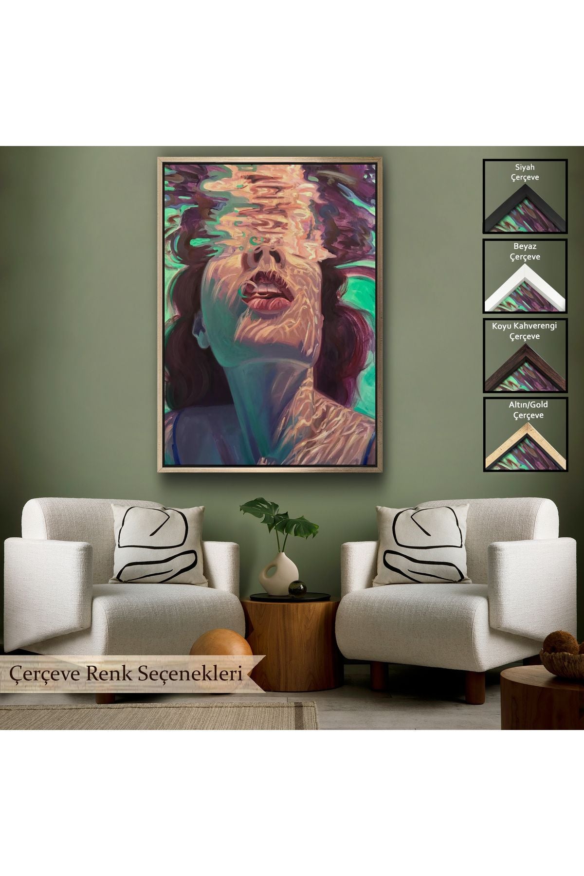 Çerçeveli Su Altında Kadın Kanvas Tablo, Sualtı Yağlıboya Tablo Efektli Tablo-5280